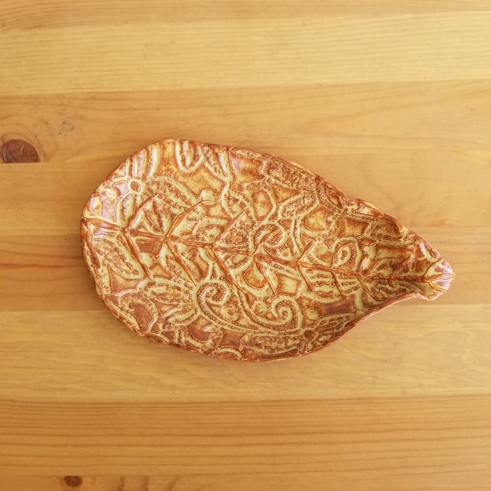 Pottery Trinket Tray unique 3D orange and green